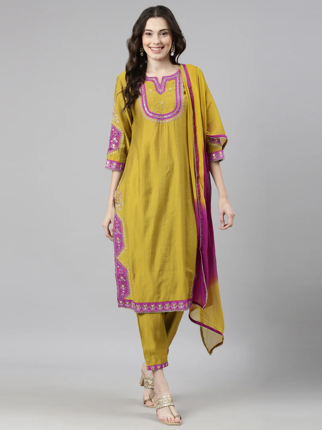 Neerus Green Casual Solid Straight Kurta and Trousers With Dupatta - Image 6