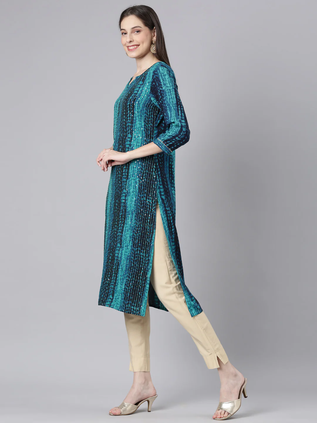 Neerus Green Casual Striped Straight Kurta - Image 2