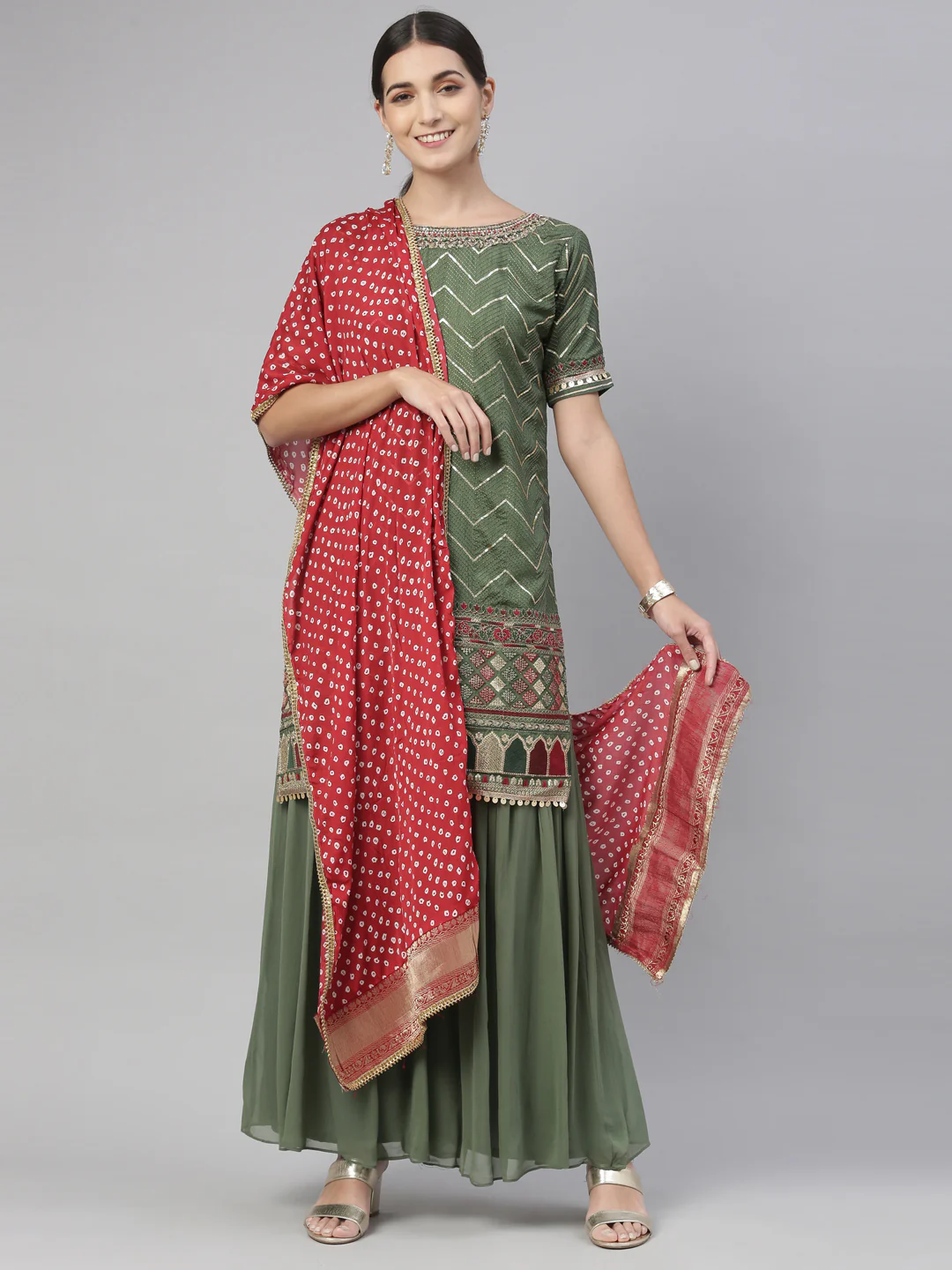 Neerus Green Color Chanderi Fabric Kurta Set