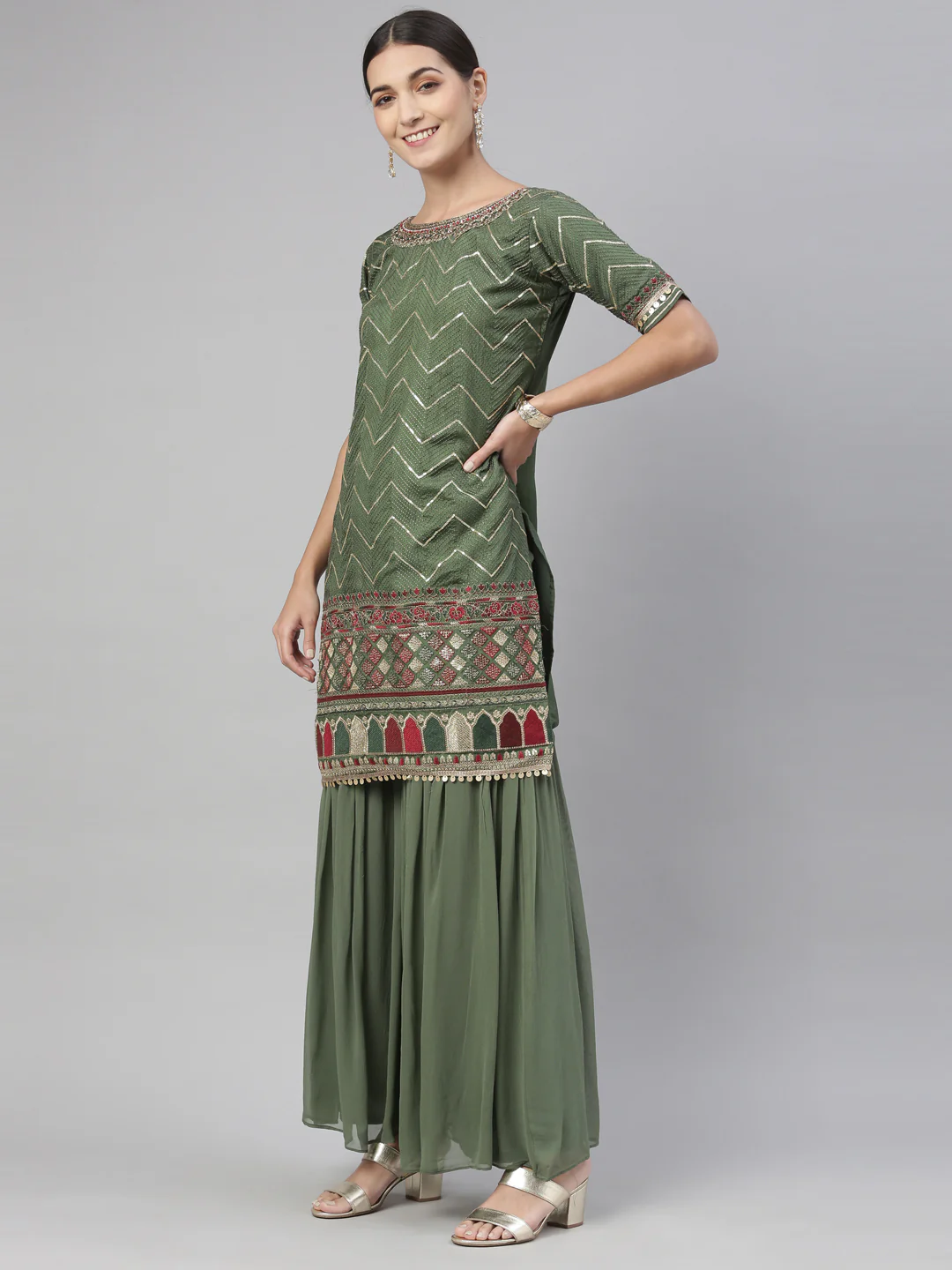 Neerus Green Color Chanderi Fabric Kurta Set - Image 8