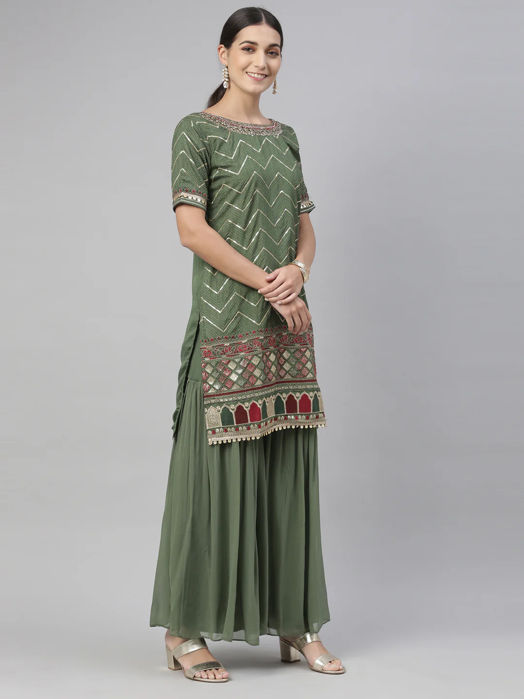 Neerus Green Color Chanderi Fabric Kurta Set - Image 9