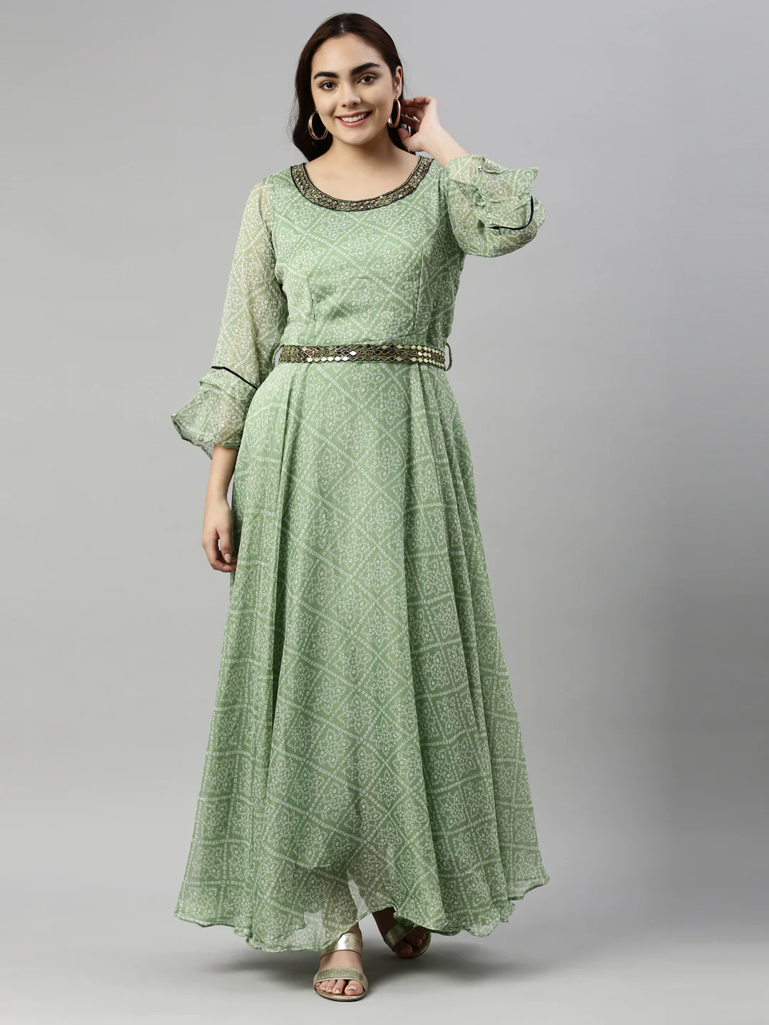 Neerus Green Color Chiffon Fabric Kurta