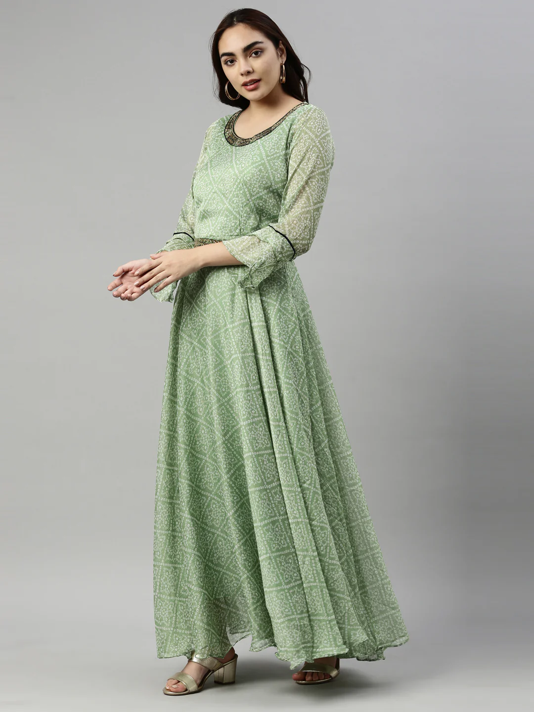 Neerus Green Color Chiffon Fabric Kurta - Image 3
