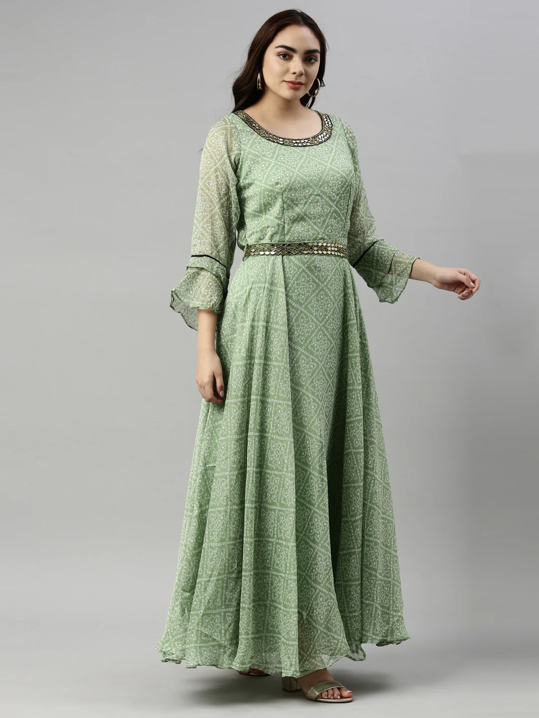 Neerus Green Color Chiffon Fabric Kurta - Image 4