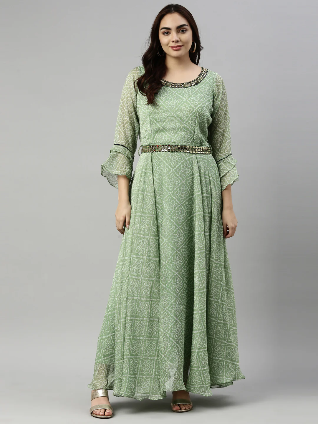Neerus Green Color Chiffon Fabric Kurta - Image 6