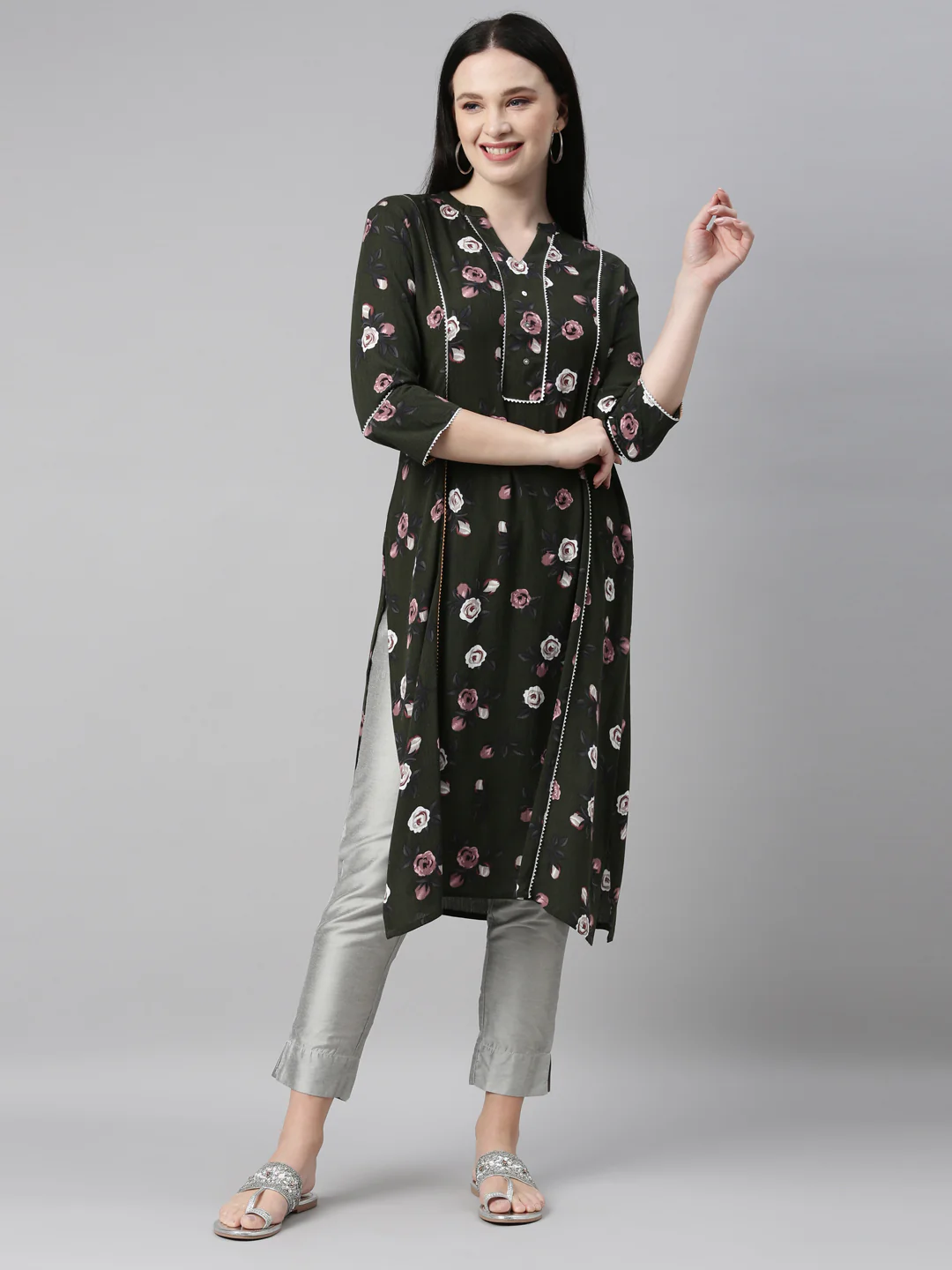 Neerus Green Color Chiffon Fabric Kurta