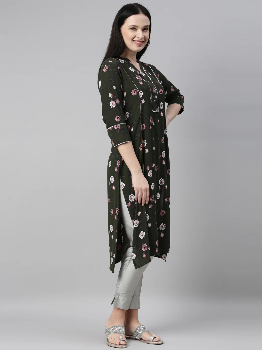 Neerus Green Color Chiffon Fabric Kurta - Image 4