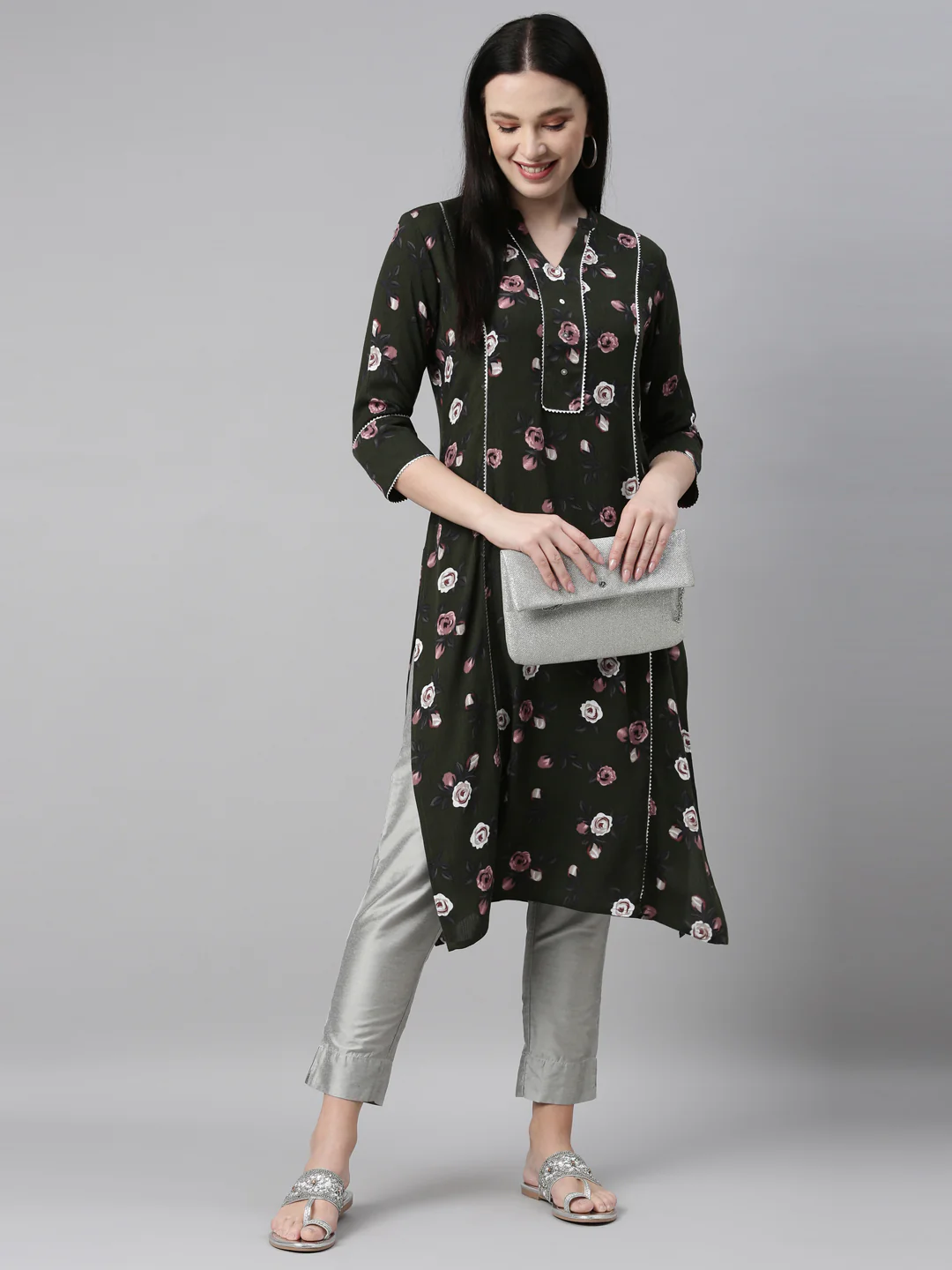 Neerus Green Color Chiffon Fabric Kurta - Image 6