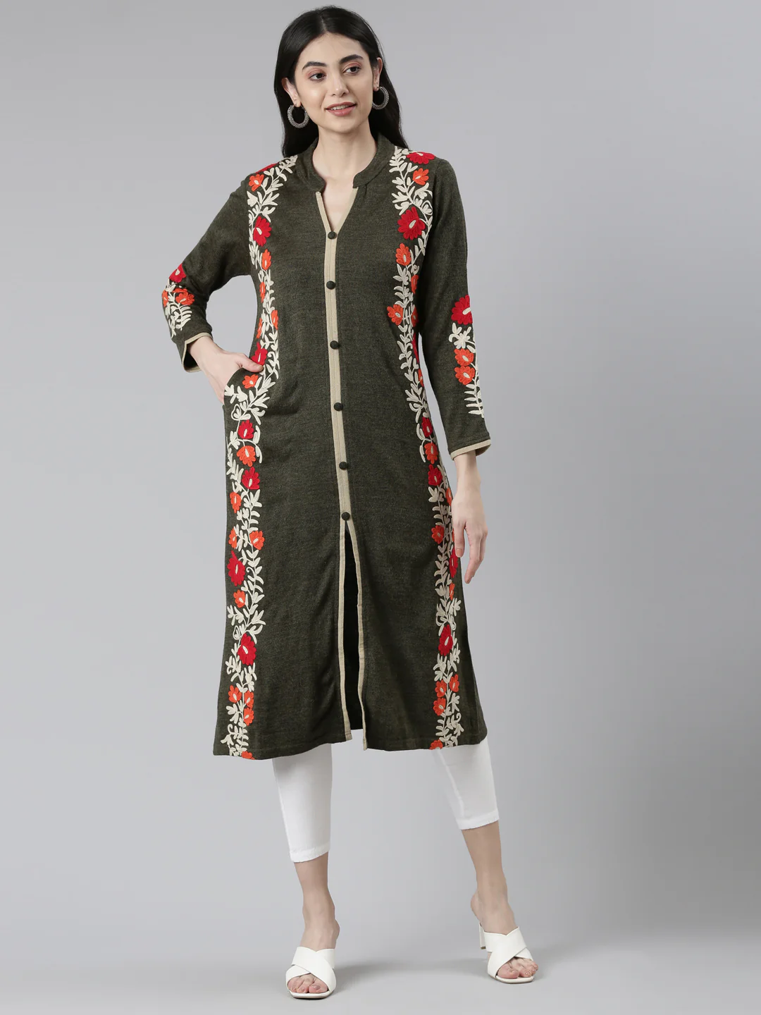 Neerus Green Color Floral Kurta