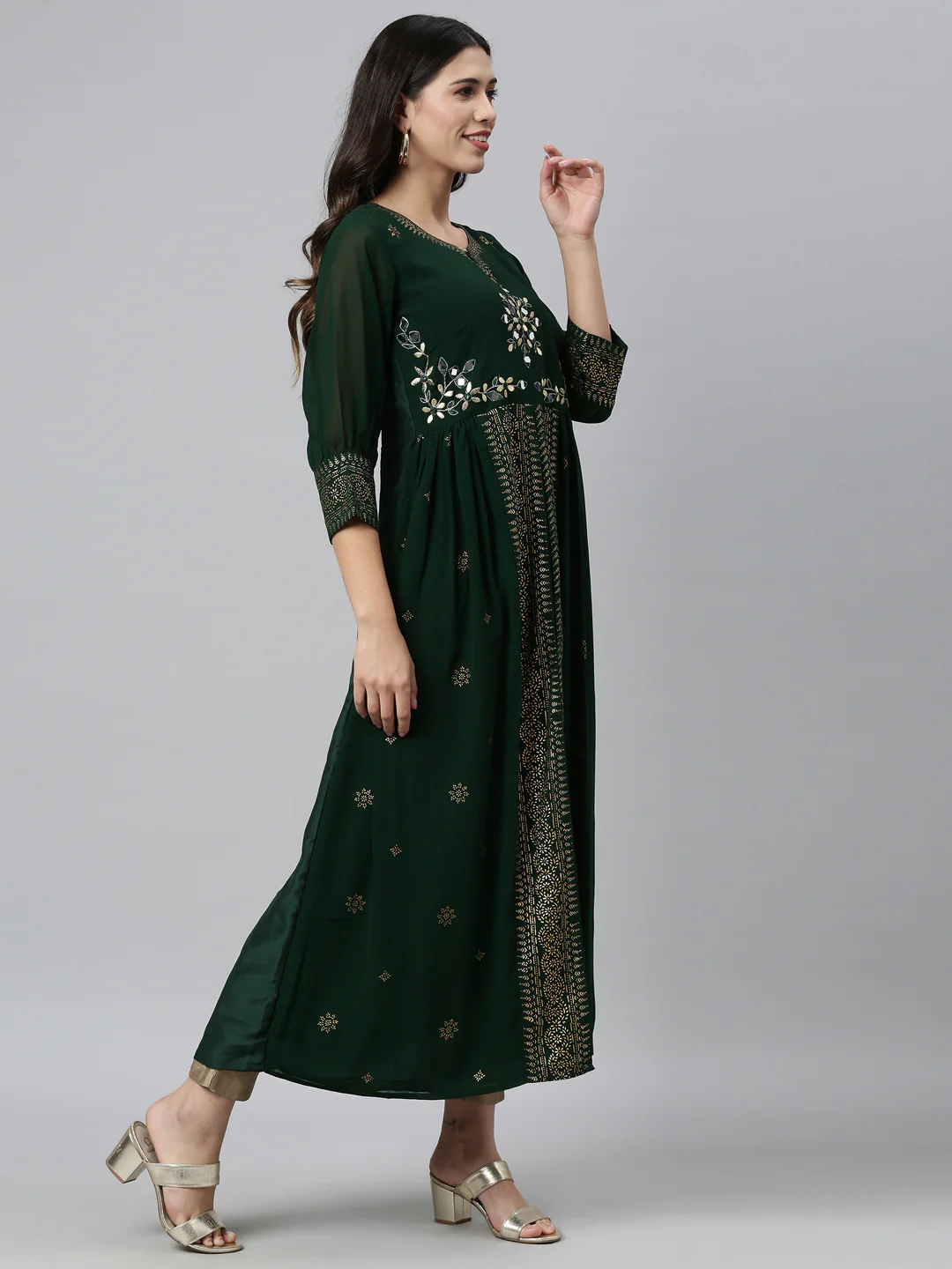 Neerus Green Color Georgette Fabric Kurta - Image 2