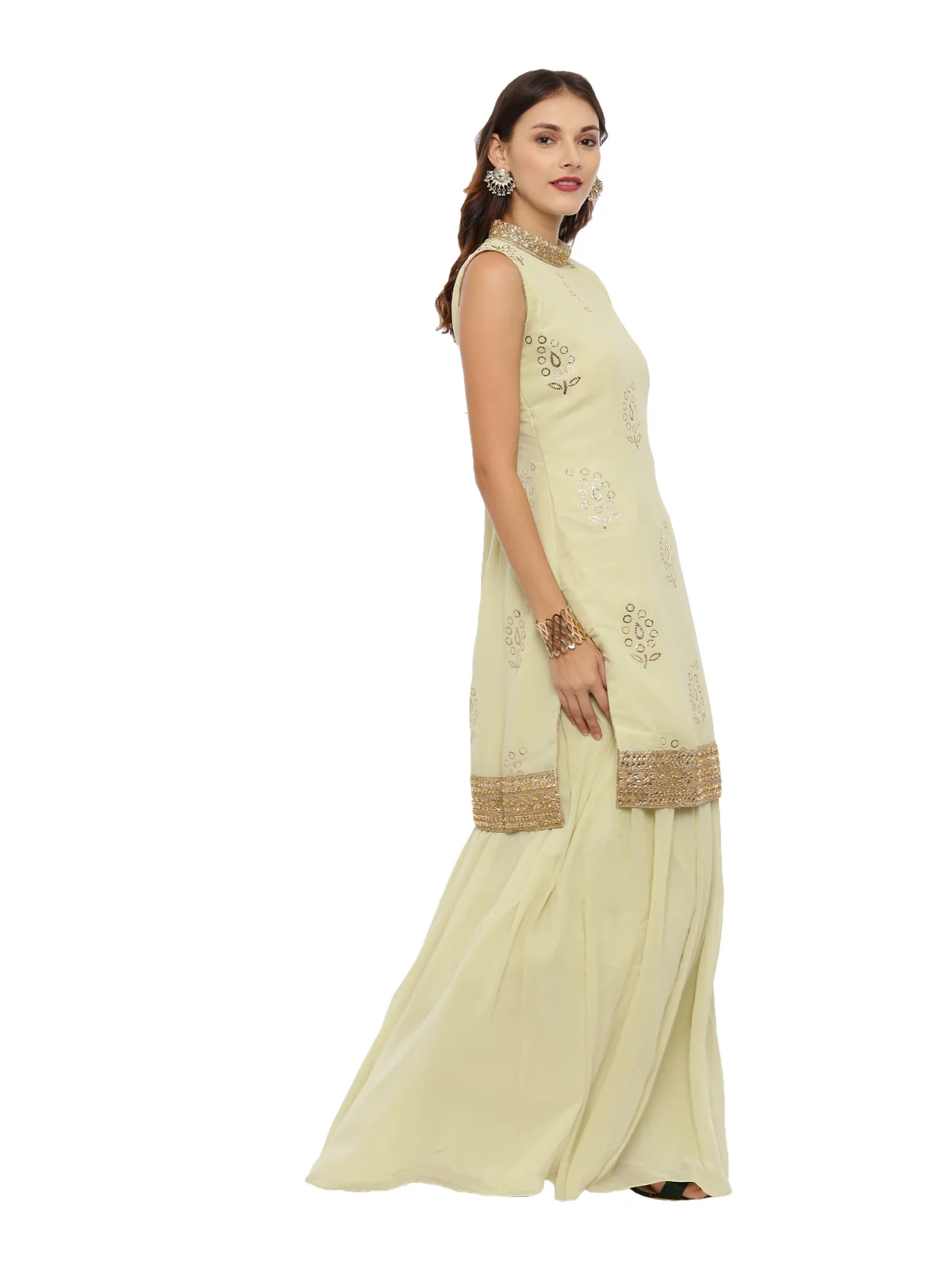 Neerus Green Color Georgette Fabric Sleeveless Suit-Skirts - Image 3