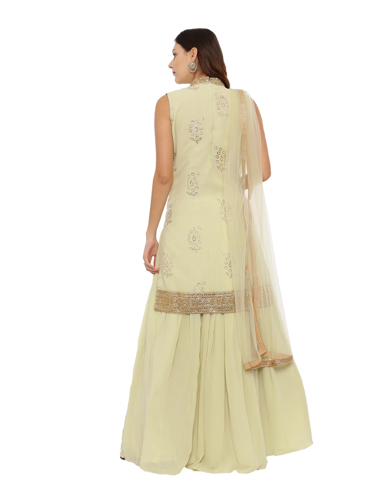 Neerus Green Color Georgette Fabric Sleeveless Suit-Skirts - Image 4