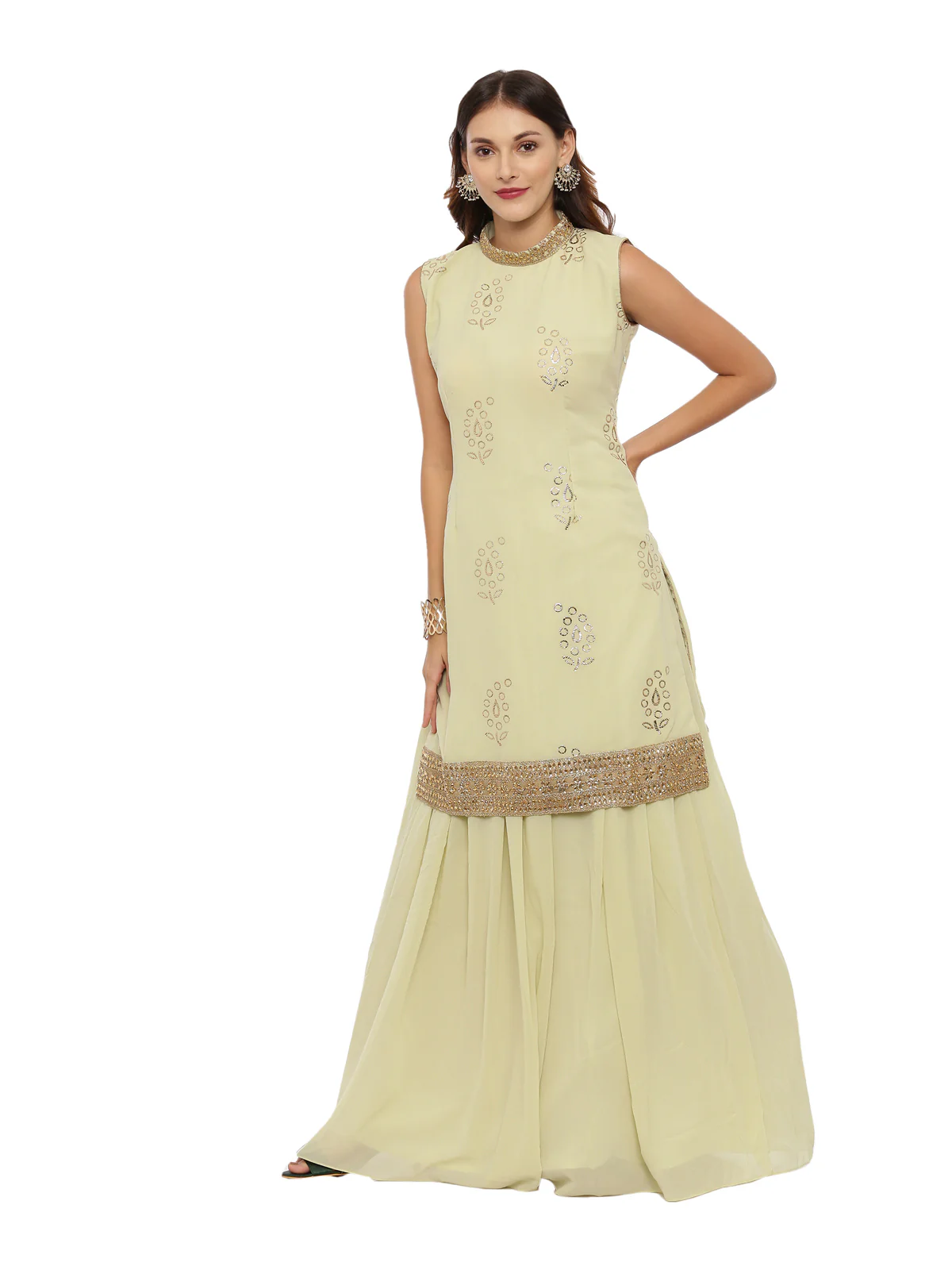 Neerus Green Color Georgette Fabric Sleeveless Suit-Skirts - Image 5