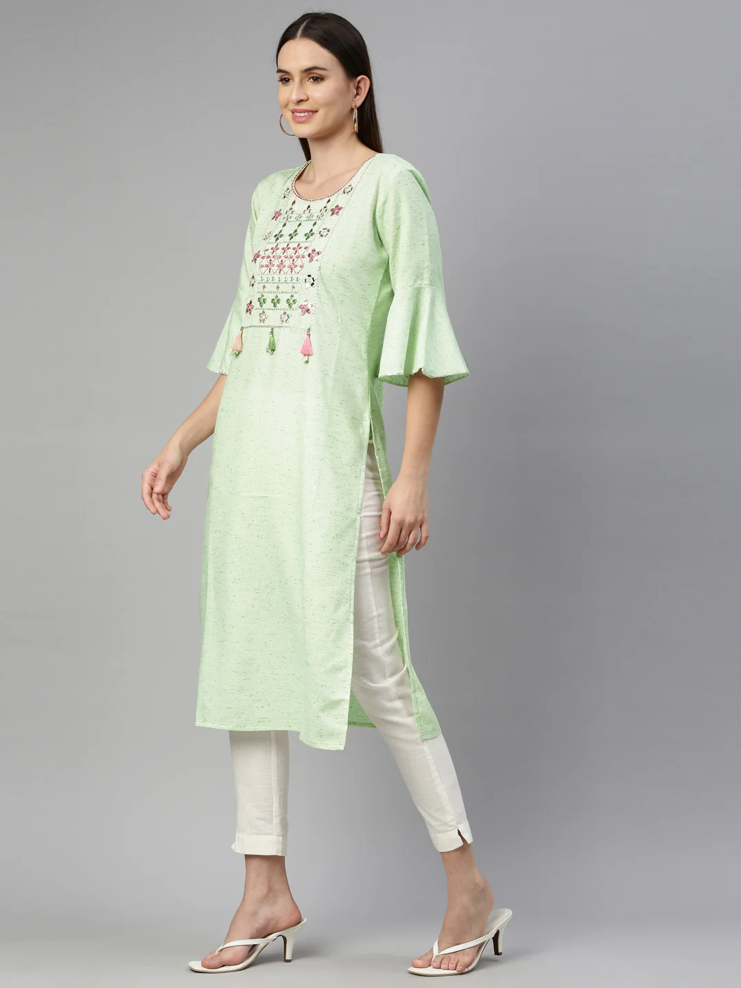 Neerus Green Color Handloom Fabric Kurta - Image 3
