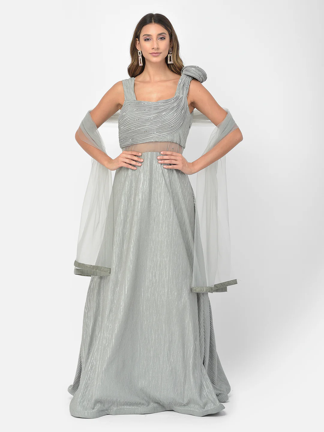 Neerus Green Color Lycra Fabric Gown