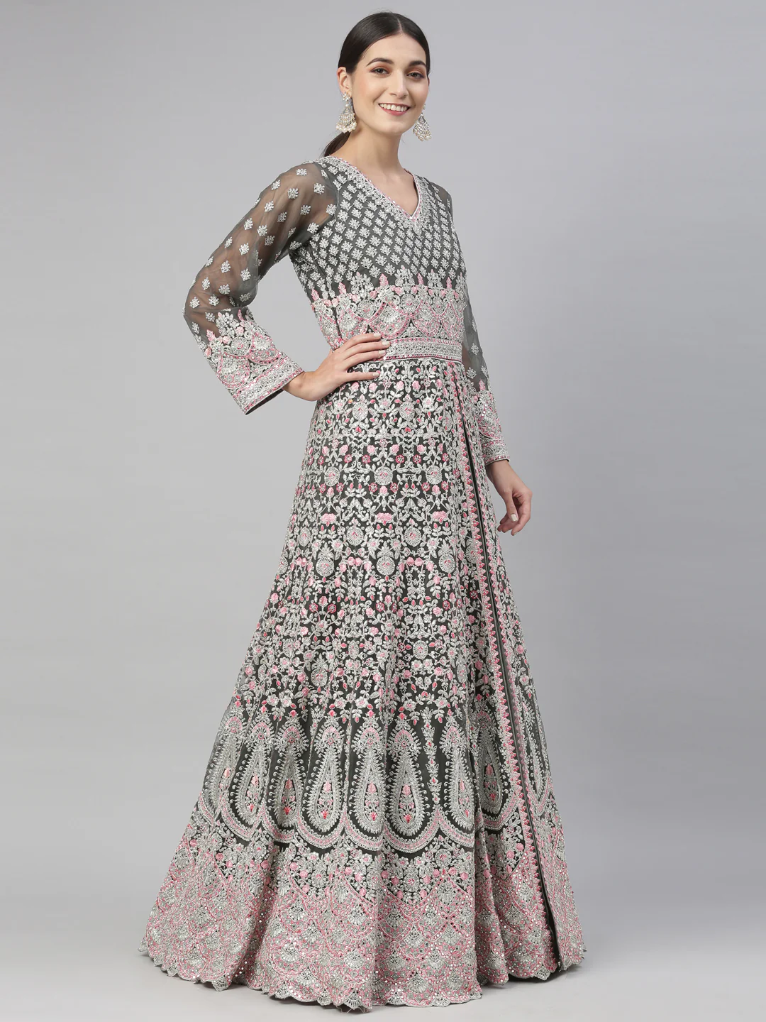 Neerus Green Color Nett Fabric Gown - Image 18