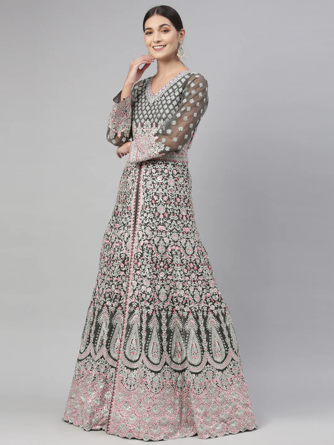 Neerus Green Color Nett Fabric Gown - Image 27