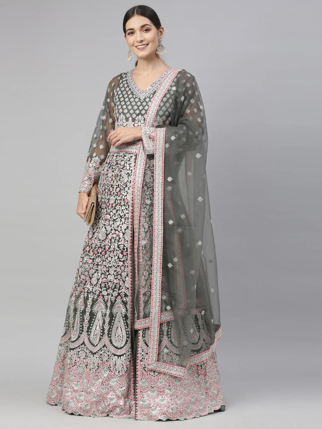Neerus Green Color Nett Fabric Gown - Image 30