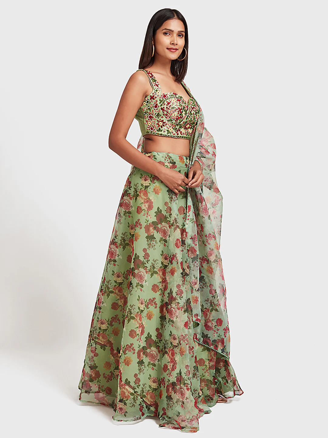 Neerus Green Color Organza Fabric Ghagra Set - Image 2