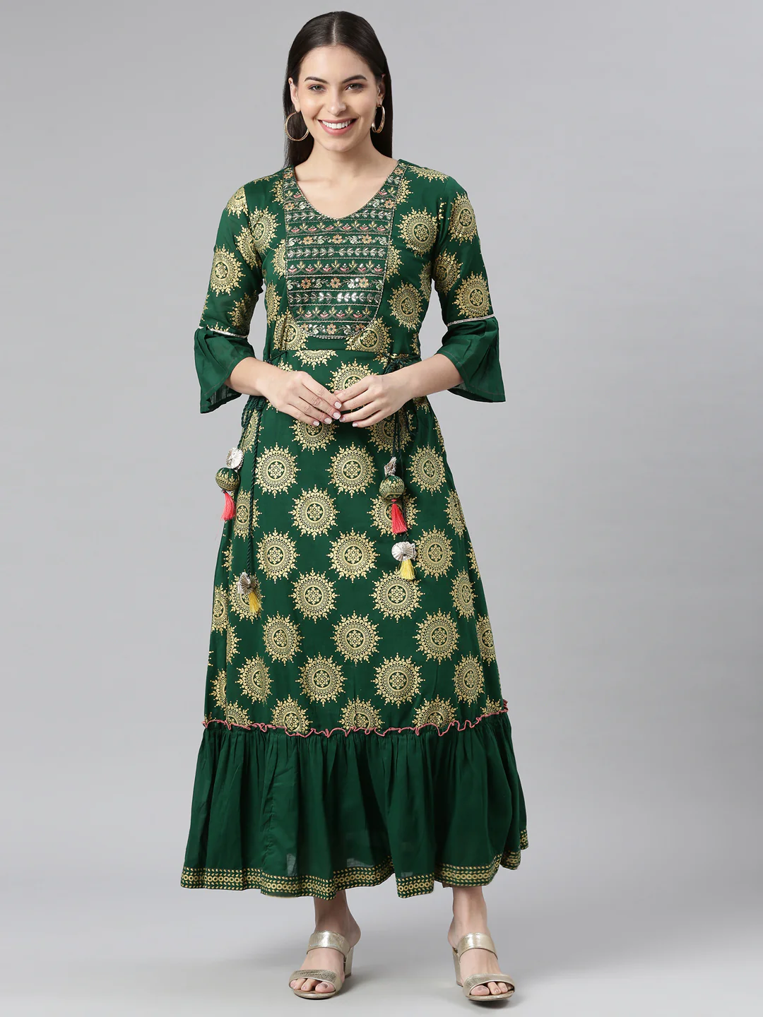 Neerus Green Color Printed Floral Dress