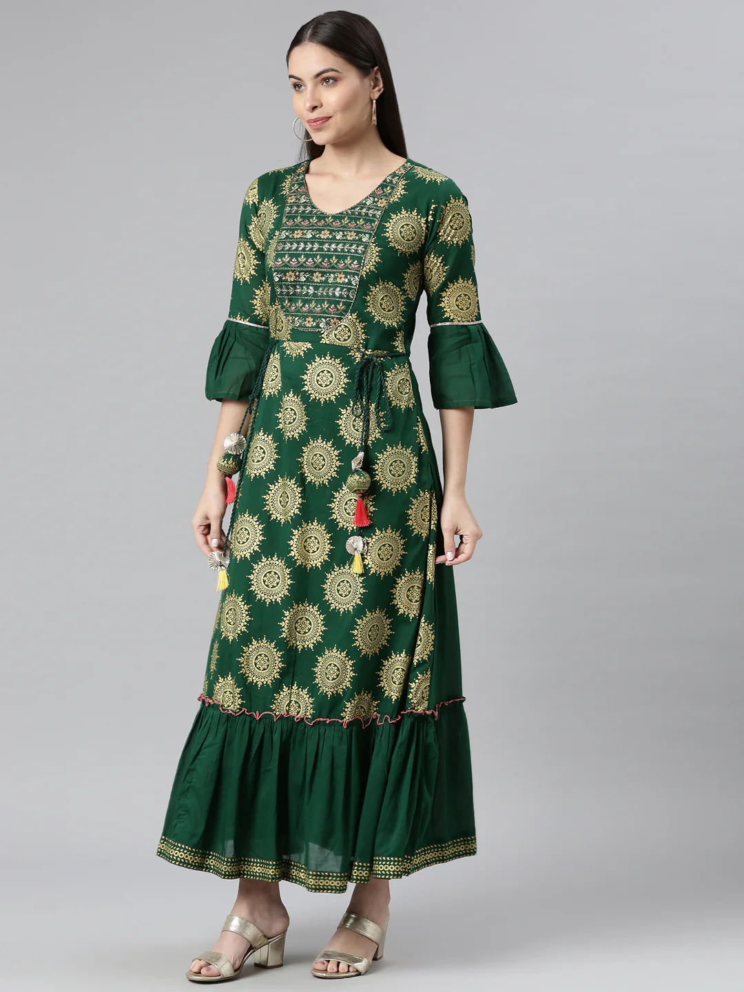 Neerus Green Color Printed Floral Dress - Image 2