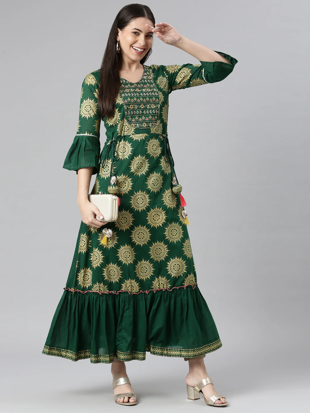 Neerus Green Color Printed Floral Dress - Image 5