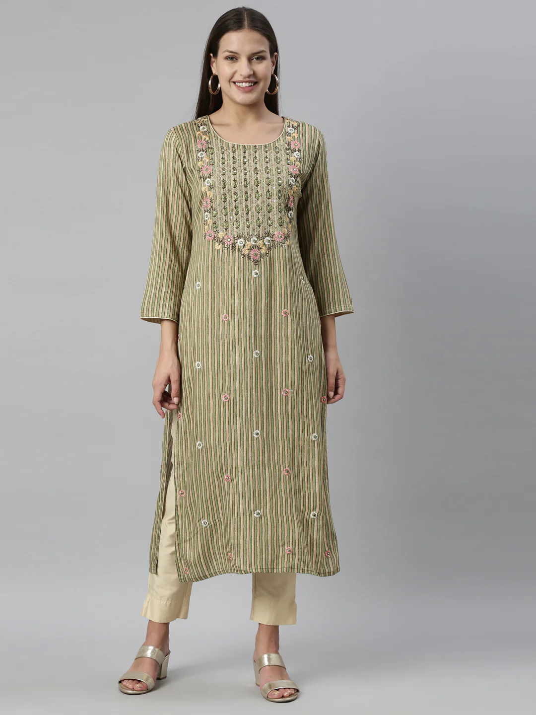 Neerus Green Color Rayon Fabric Kurta