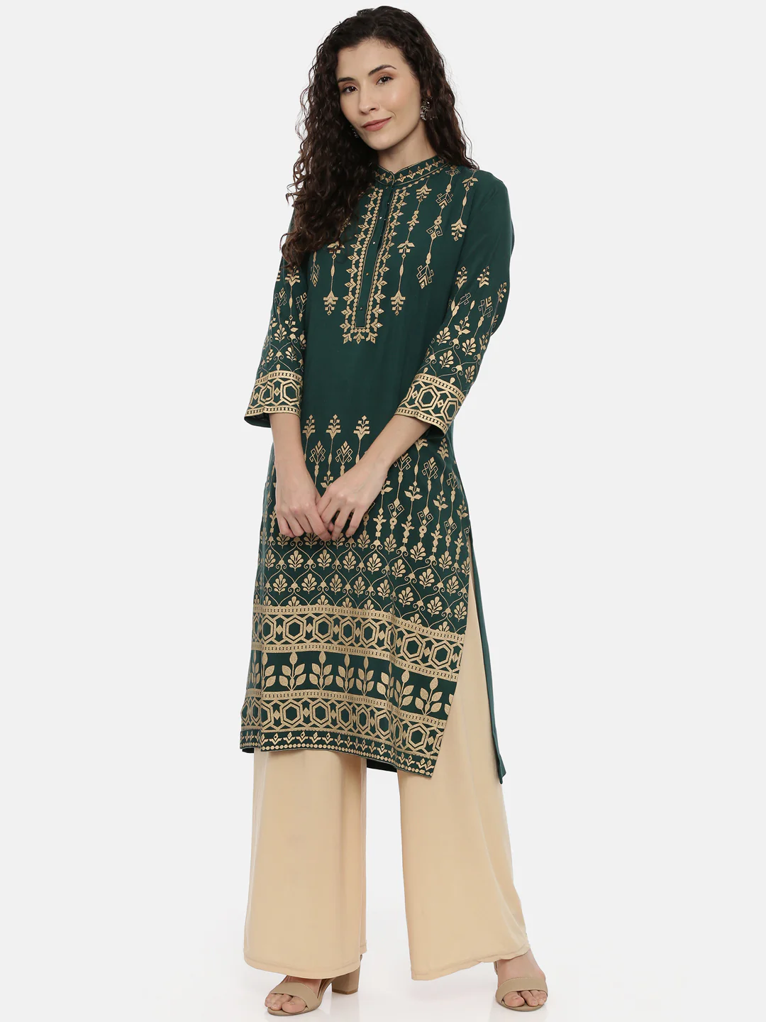 Neerus Green Color Rayon Fabric Printed Kurta