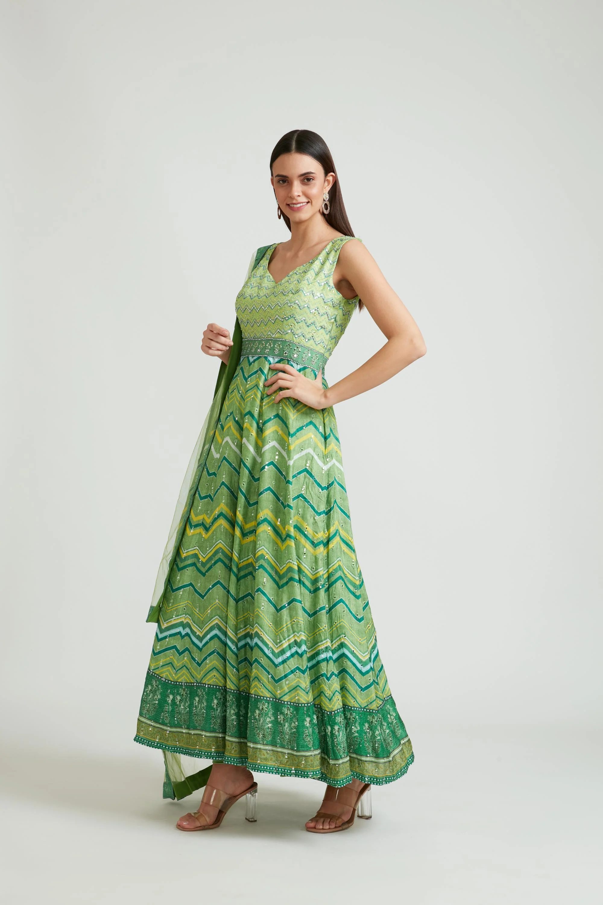 Neerus Green Color Silk Fabric Anarkali Suit Set