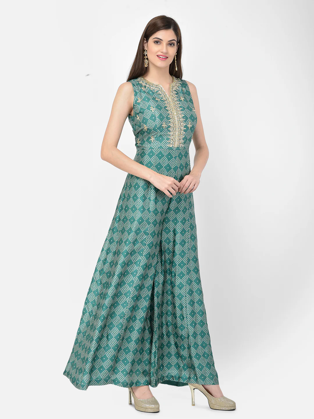 Neerus Green Color Silk Fabric Jump Suit - Image 3