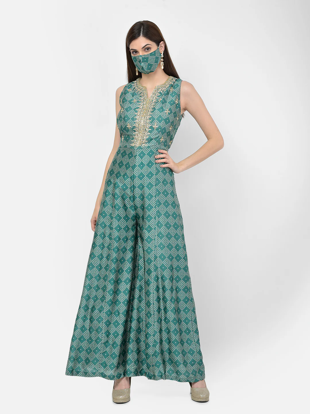 Neerus Green Color Silk Fabric Jump Suit - Image 4