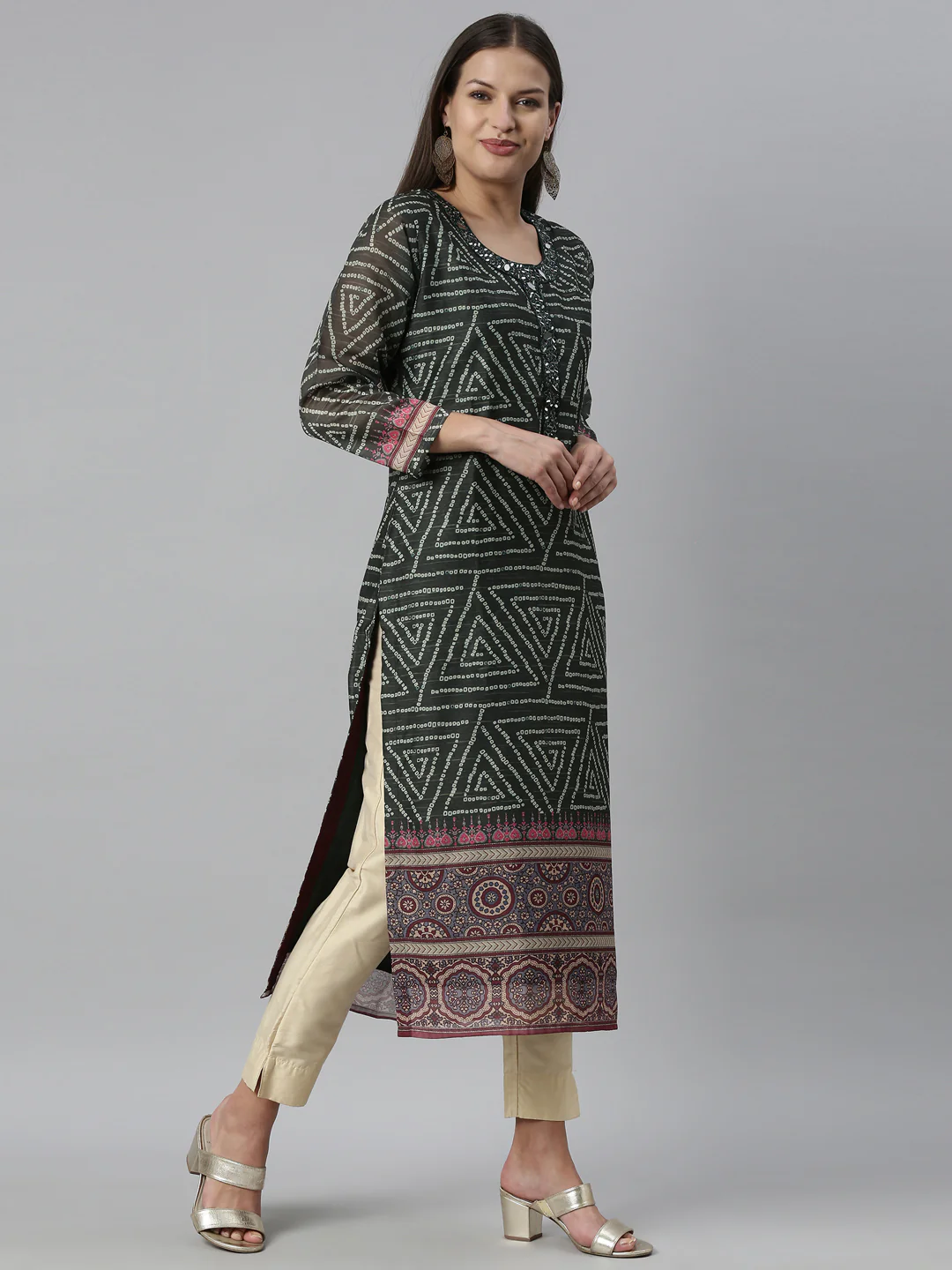 Neerus Green Color Silk Fabric Kurta - Image 4