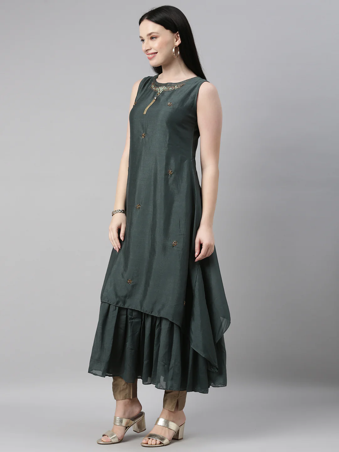Neerus Green Color Silk Fabric Kurta - Image 3