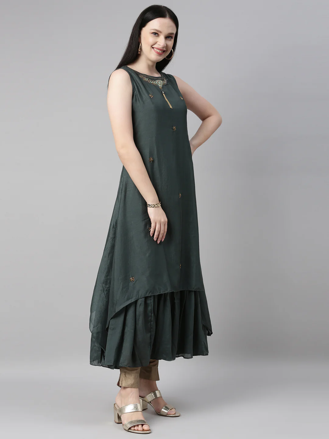 Neerus Green Color Silk Fabric Kurta - Image 4