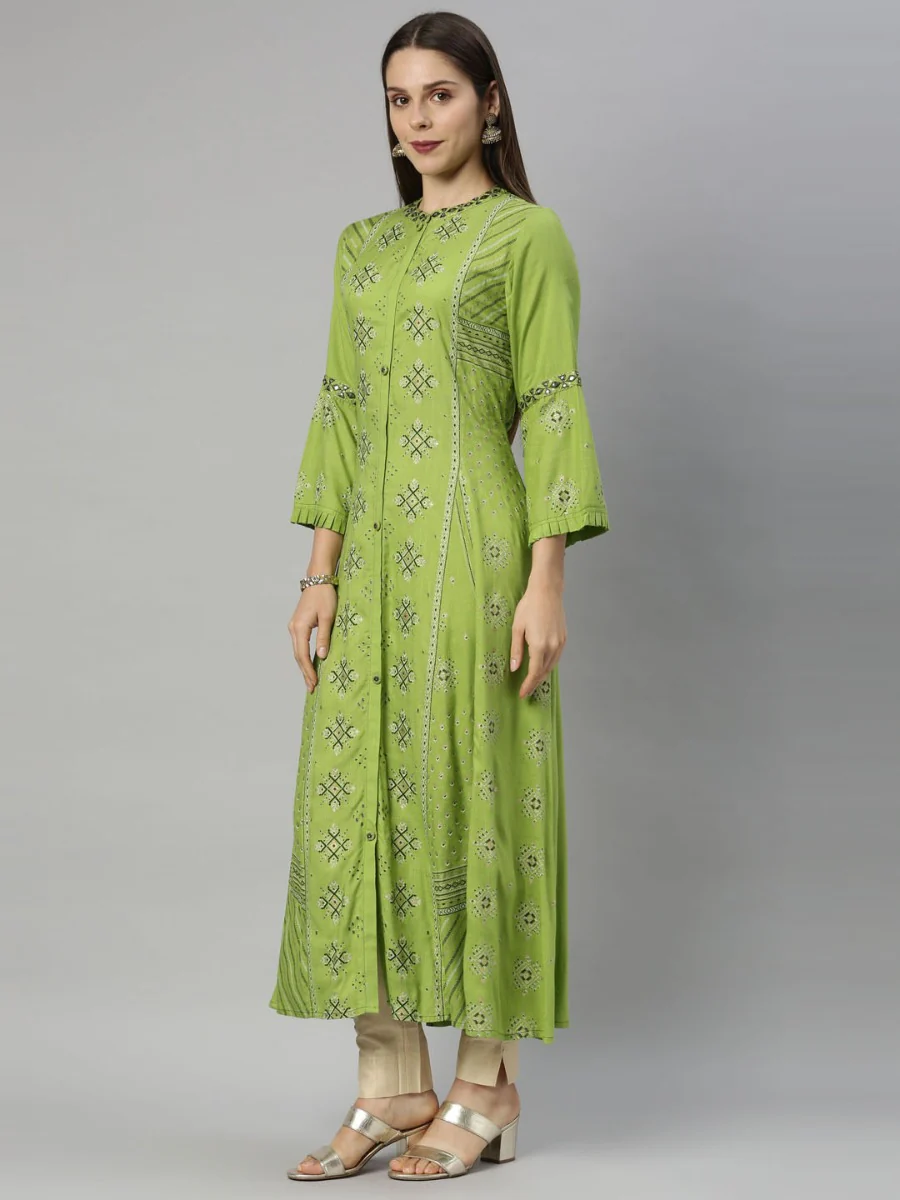 Neerus Green Straight Casual Printed Dress - Image 2