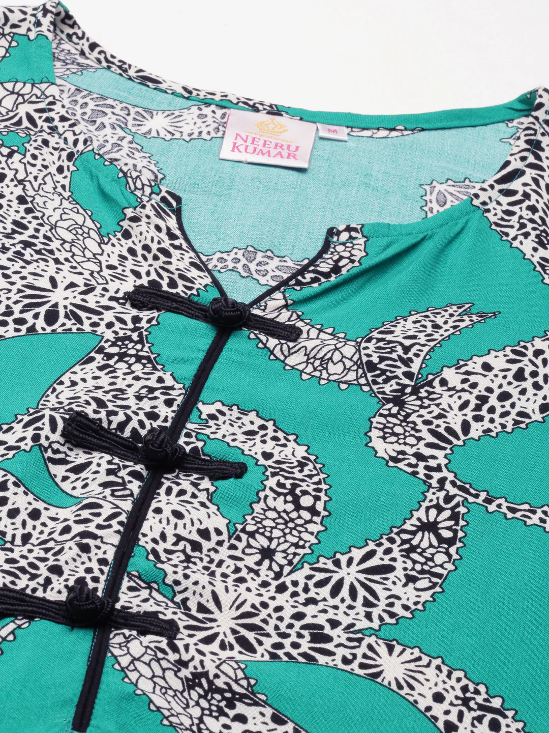 Neerus Green Curved Printed Cotton Silk Kurta - Image 6
