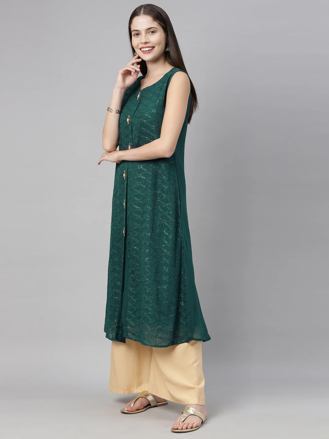 Neerus Green Embellished A Line Kurta - Image 4