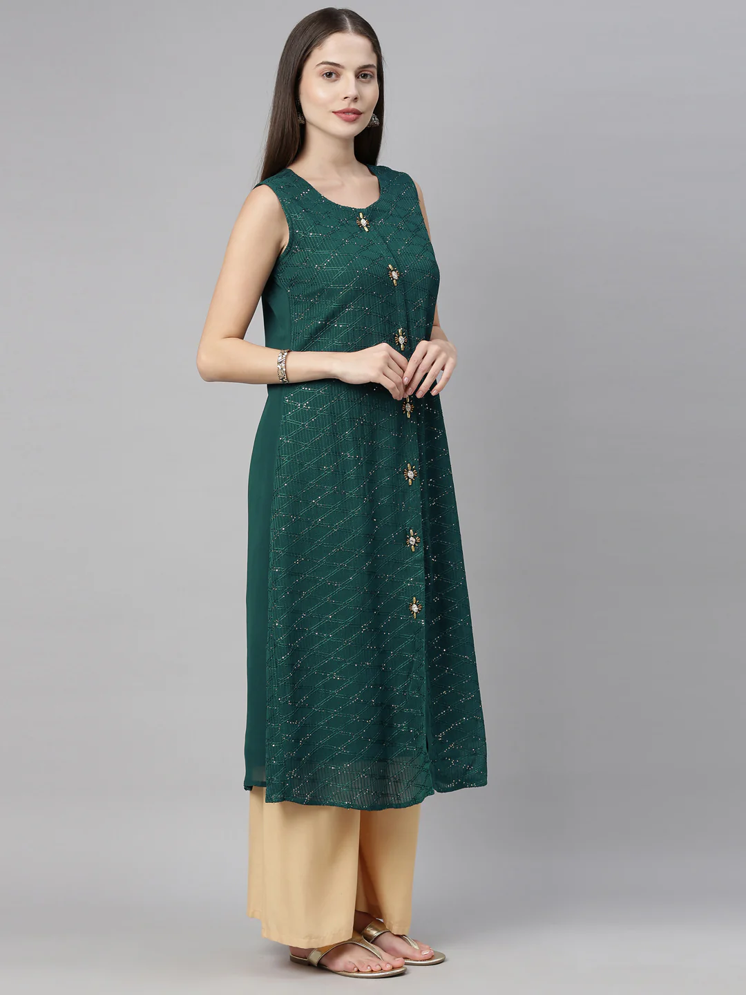 Neerus Green Embellished A Line Kurta - Image 5