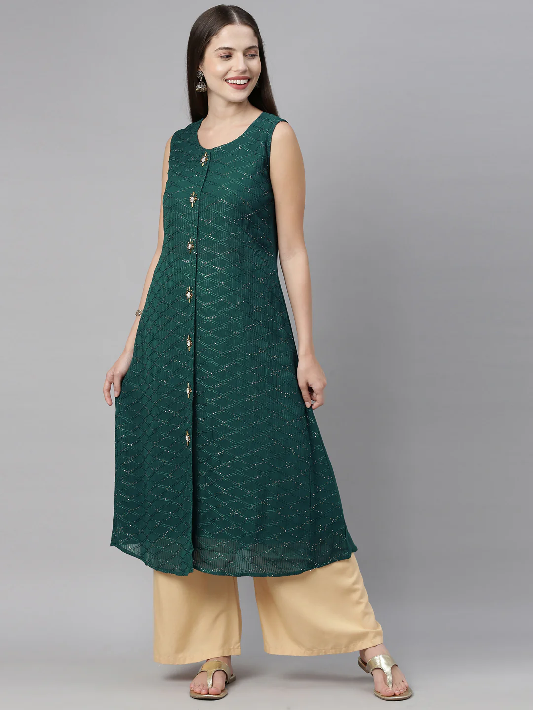 Neerus Green Embellished A Line Kurta - Image 7