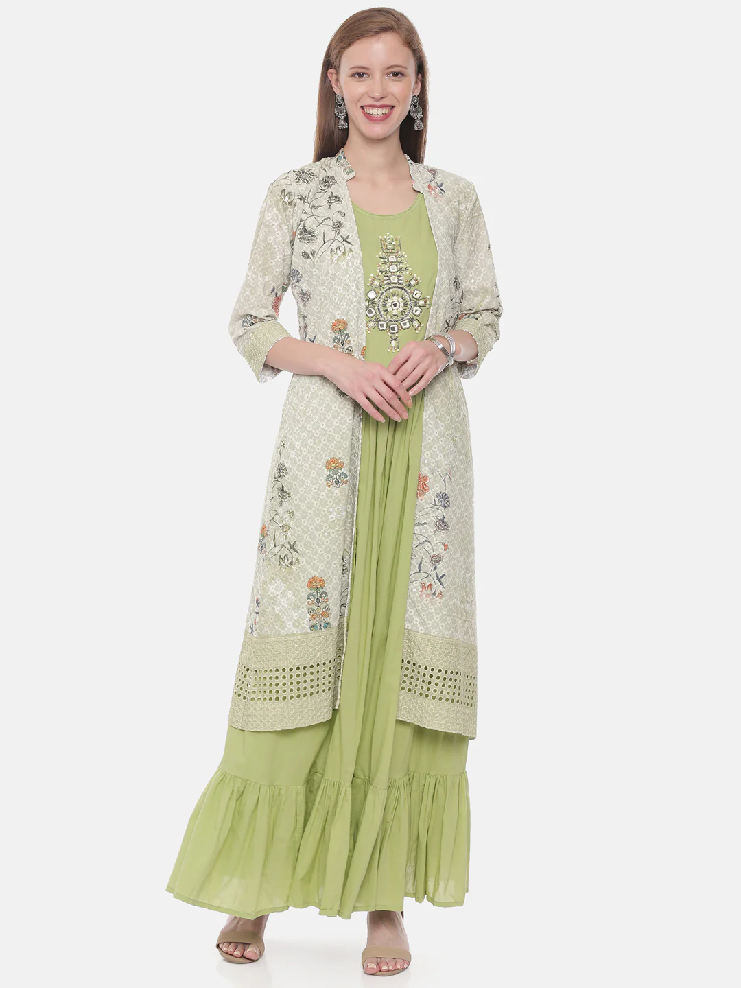 Neerus Green Embellished A Line Kurta With Shrug - Image 6