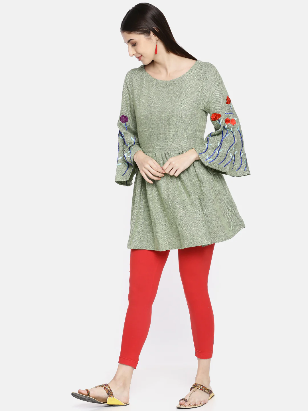 Neerus Green Embroidered A Line Kurti
