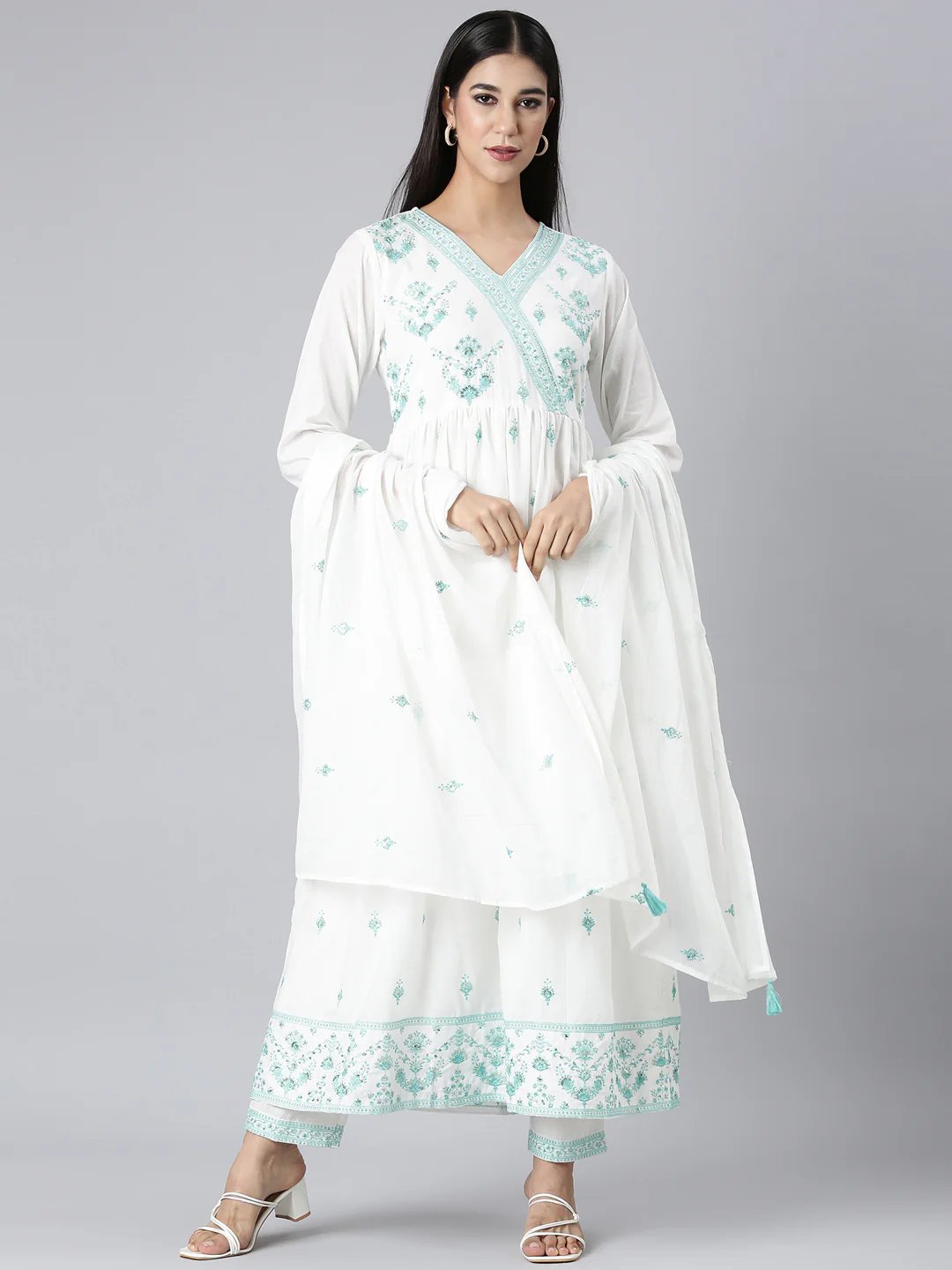 Neerus Green Embroidered Curved Kurta and Trousers With Dupatta