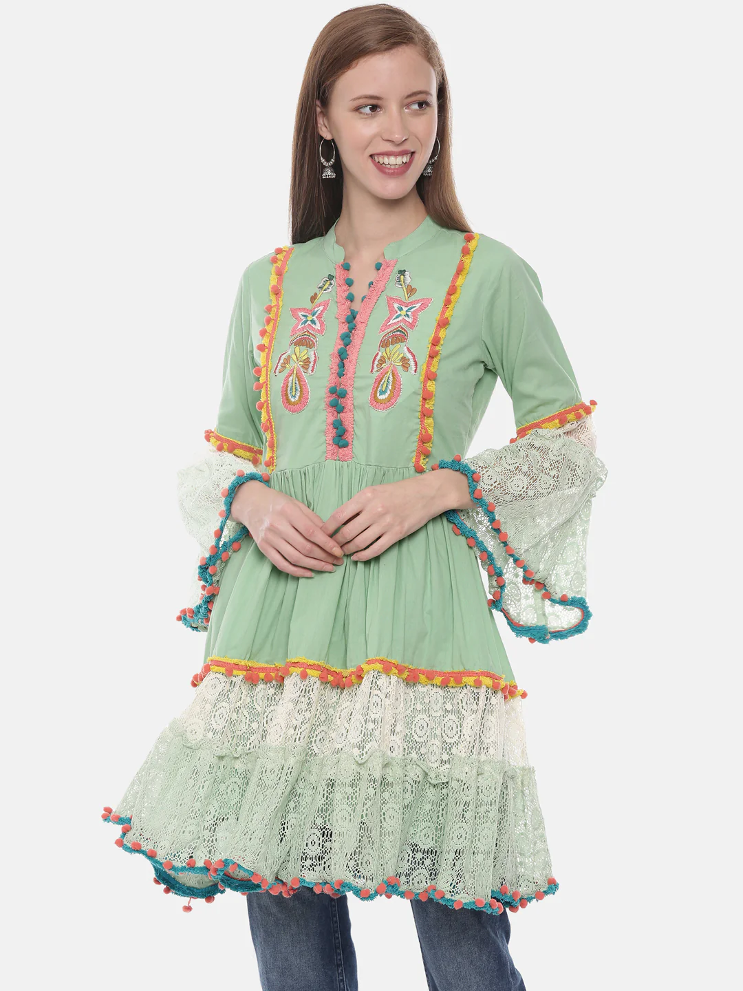 Neerus Green Embroidered Fit & Flare Kurta - Image 6