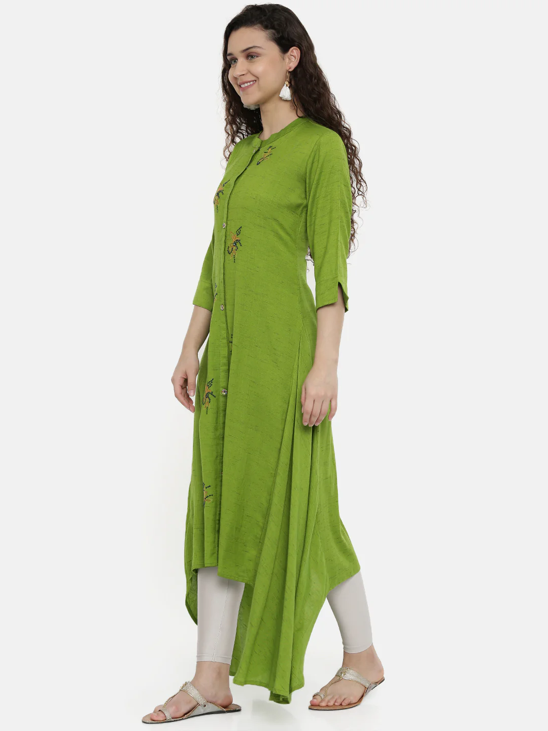 Neerus Green Embroidered High Low Kurta - Image 3