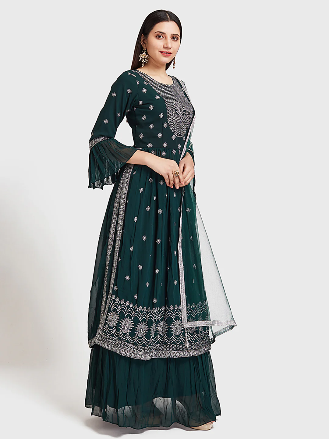 Neerus Green Embroidered Kurta With Skirt & Dupatta