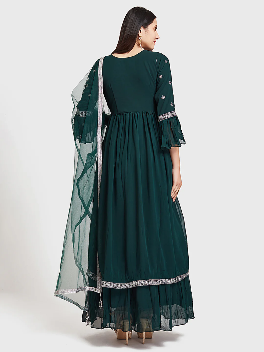 Neerus Green Embroidered Kurta With Skirt & Dupatta - Image 2