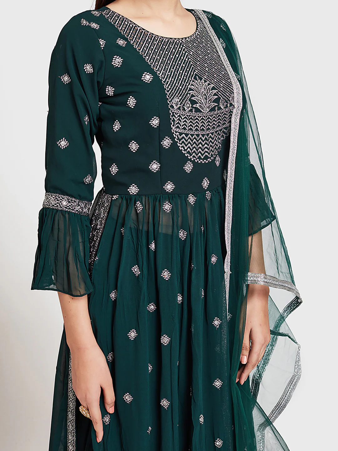 Neerus Green Embroidered Kurta With Skirt & Dupatta - Image 3