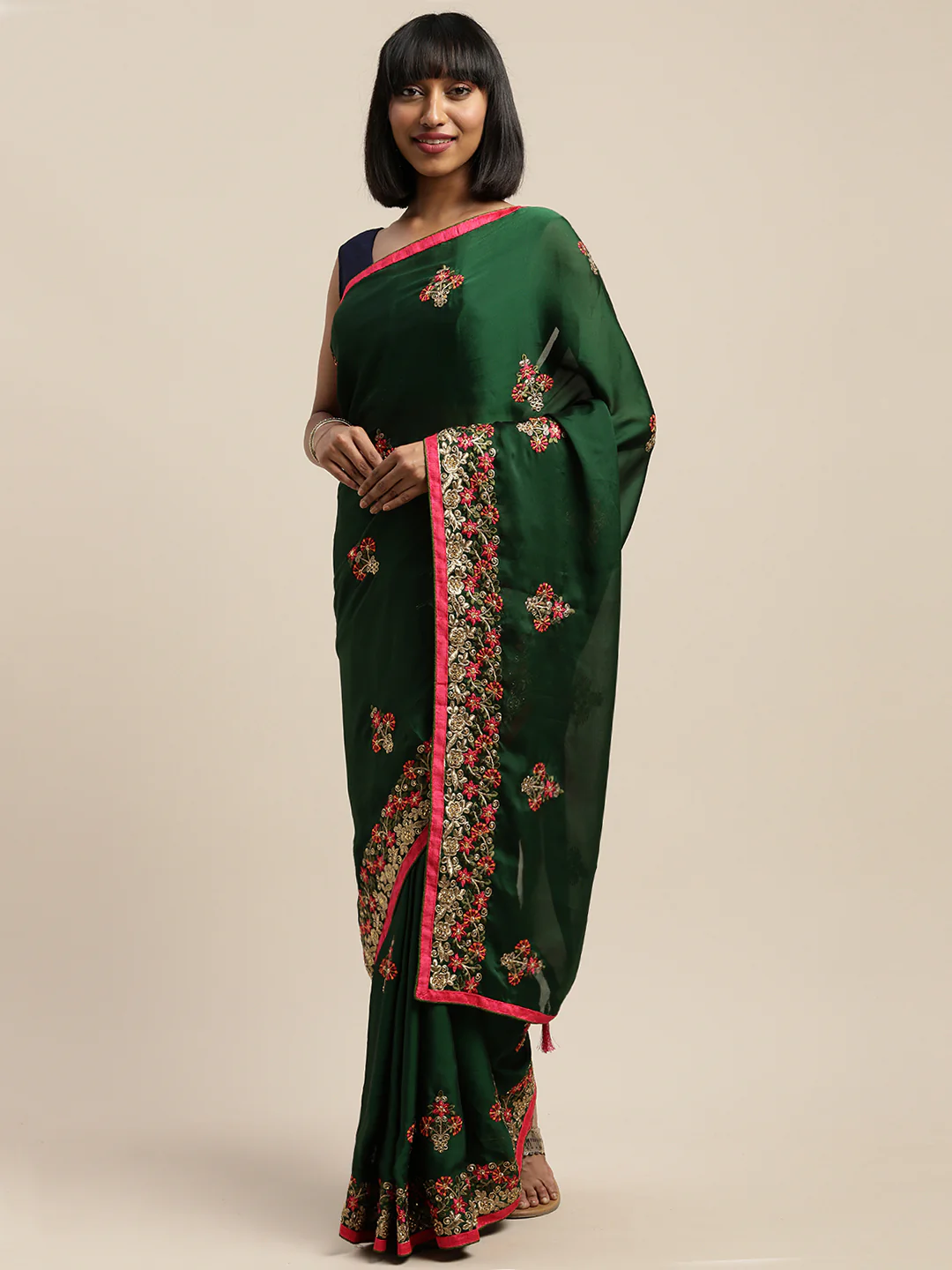 Neerus Green Embroidered Saree With Blouse - Image 2