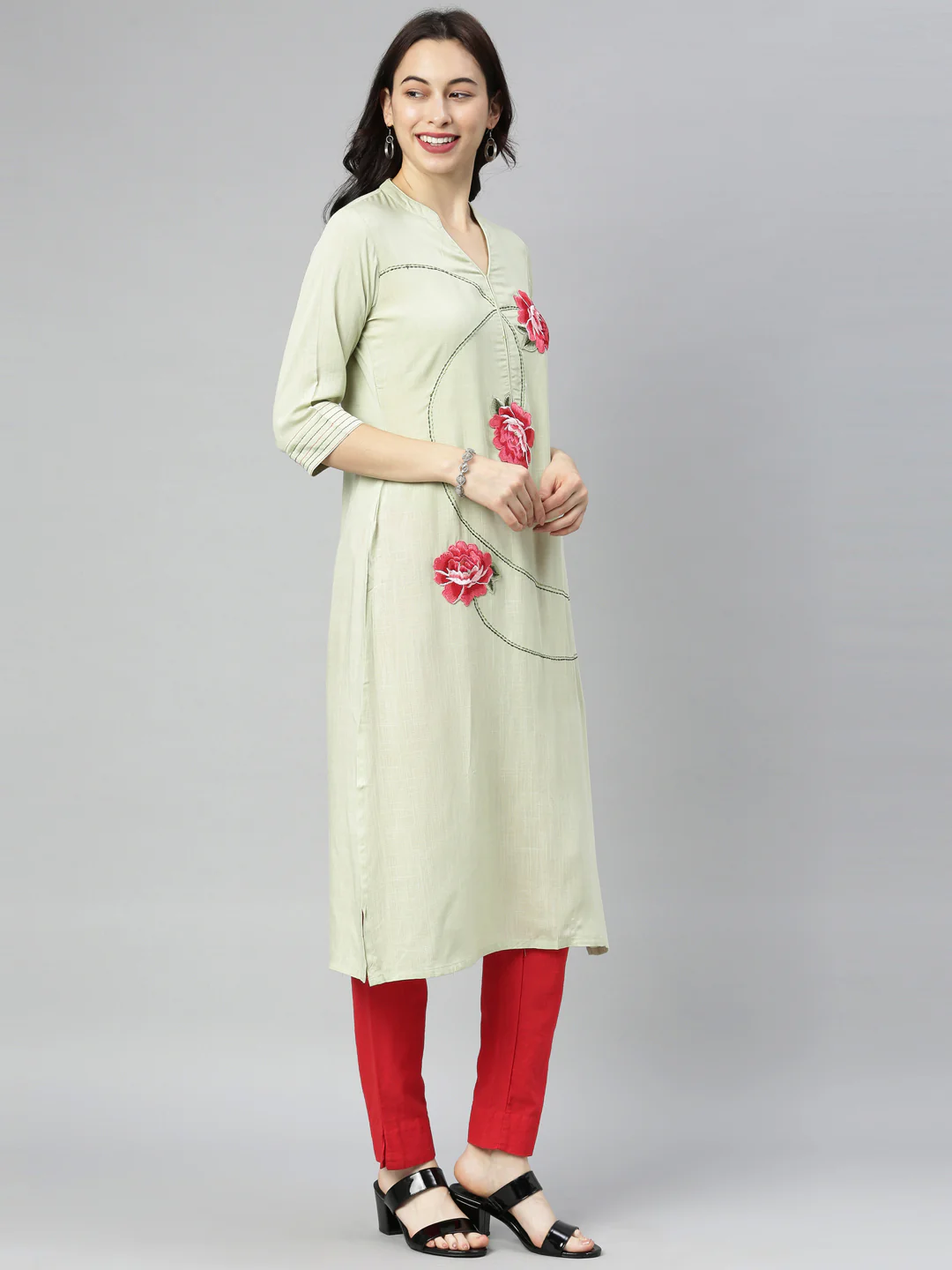 Neerus Green Embroidered Straight Kurta - Image 6
