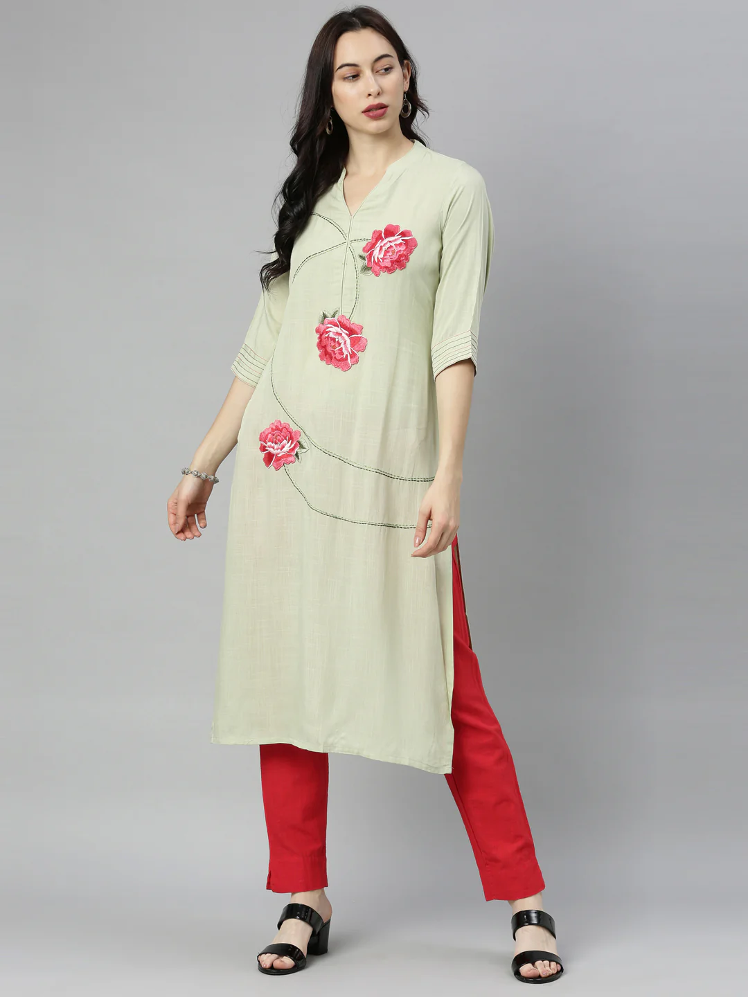 Neerus Green Embroidered Straight Kurta - Image 8